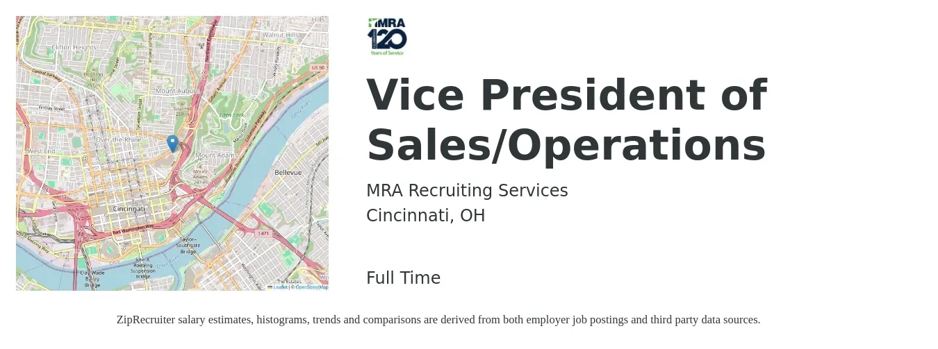 MRA Recruiting Services job posting for a Vice President of Sales/Operations in Cincinnati, OH with a salary of $110,900 to $177,600 Yearly with a map of Cincinnati location.