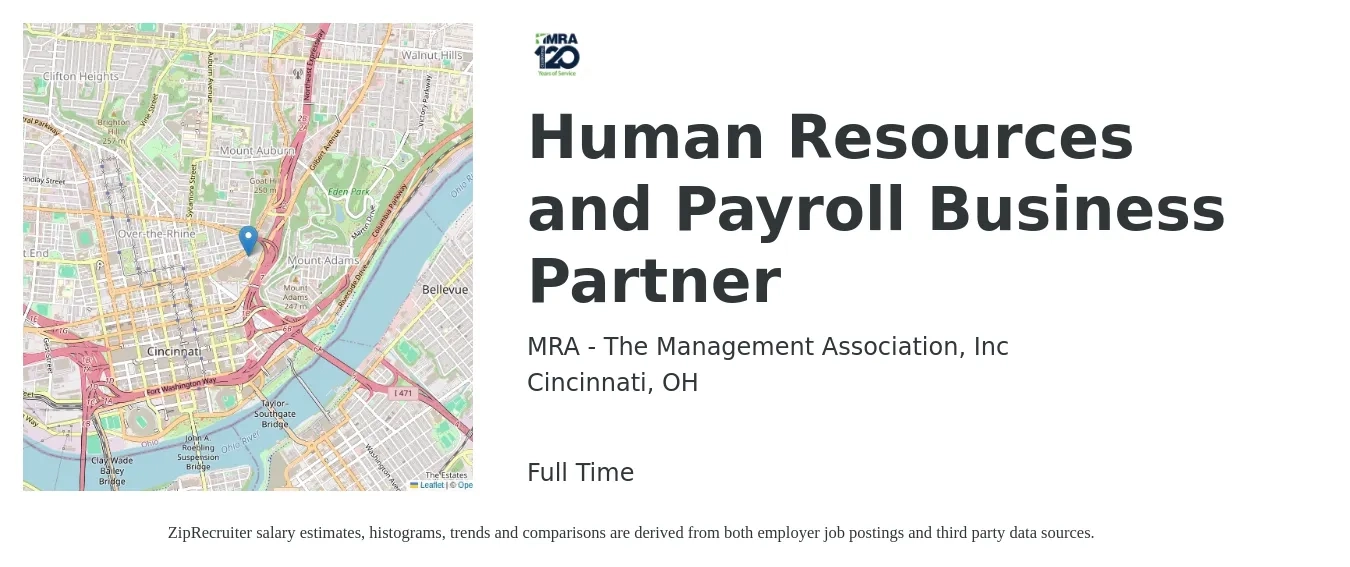 MRA - The Management Association, Inc job posting for a Human Resources and Payroll Business Partner in Cincinnati, OH with a salary of $38 to $47 Hourly with a map of Cincinnati location.