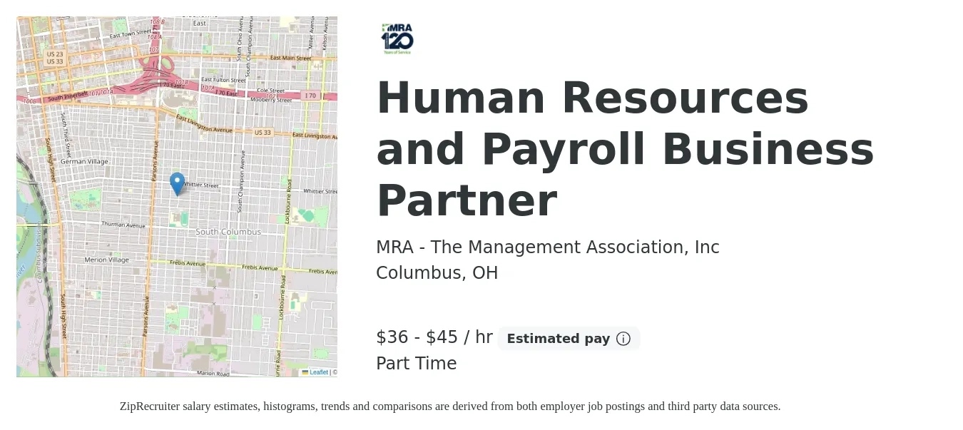 MRA - The Management Association, Inc job posting for a Human Resources and Payroll Business Partner in Columbus, OH with a salary of $38 to $47 Hourly with a map of Columbus location.