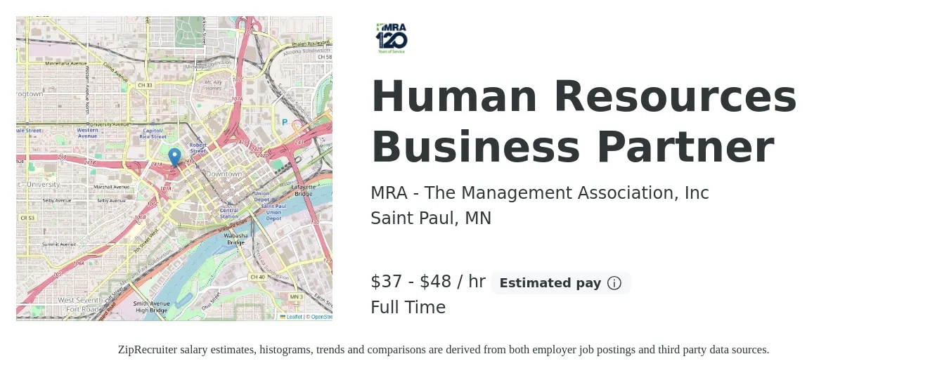 MRA - The Management Association, Inc job posting for a Human Resources Business Partner in Saint Paul, MN with a salary of $39 to $50 Hourly with a map of Saint Paul location.