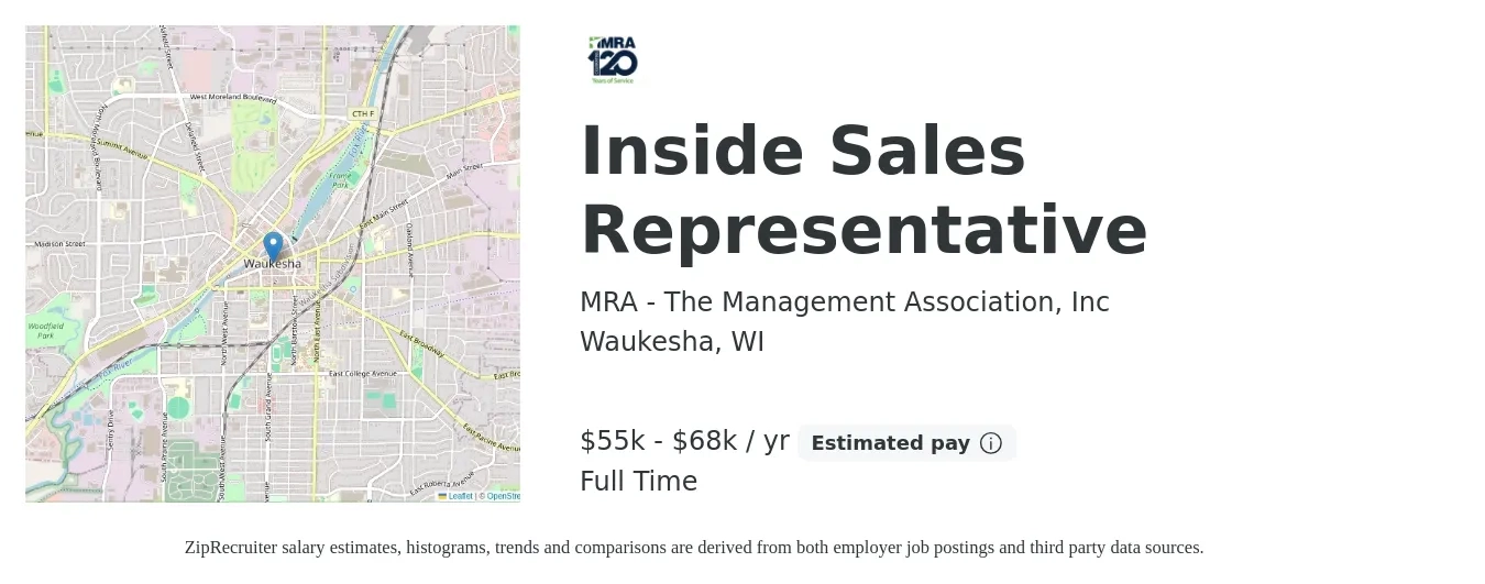 MRA - The Management Association, Inc job posting for a Inside Sales Representative in Waukesha, WI with a salary of $56 to $66 Yearly with a map of Waukesha location.