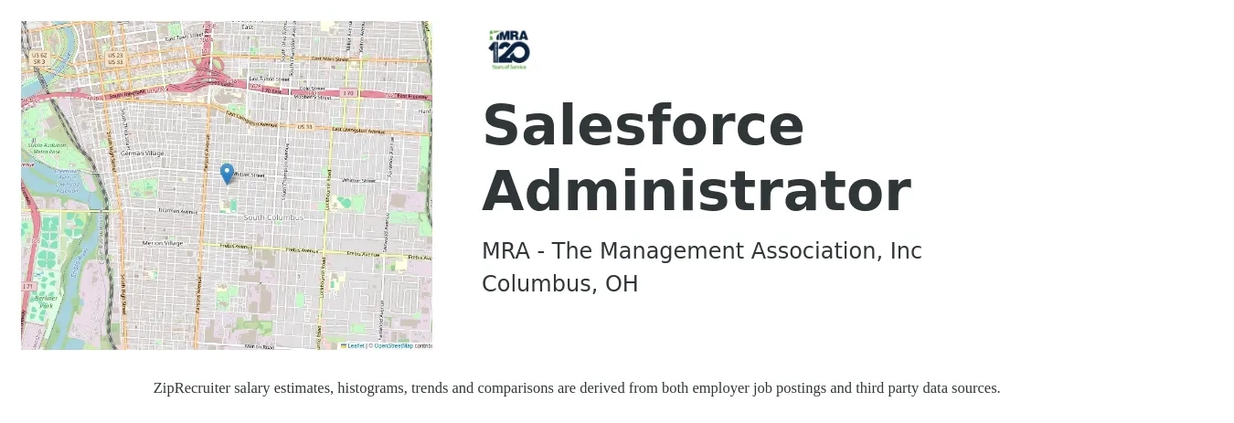 MRA - The Management Association job posting for a Salesforce Administrator in Columbus, OH with a salary of $70,500 to $111,200 Yearly with a map of Columbus location.