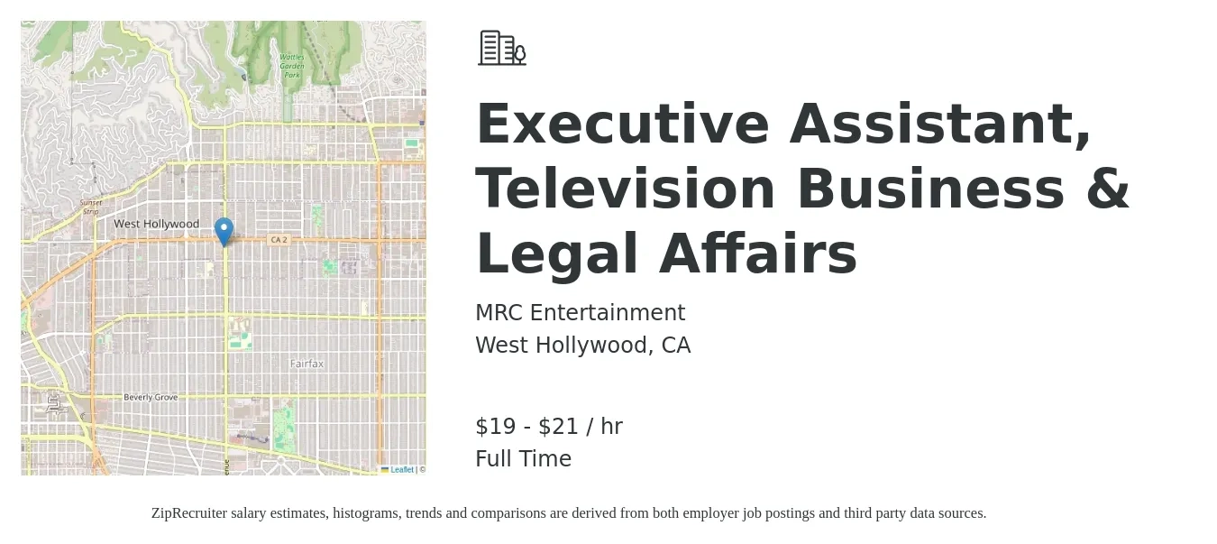 MRC Entertainment job posting for a Executive Assistant, Television Business & Legal Affairs in West Hollywood, CA with a salary of $20 to $22 Hourly with a map of West Hollywood location.