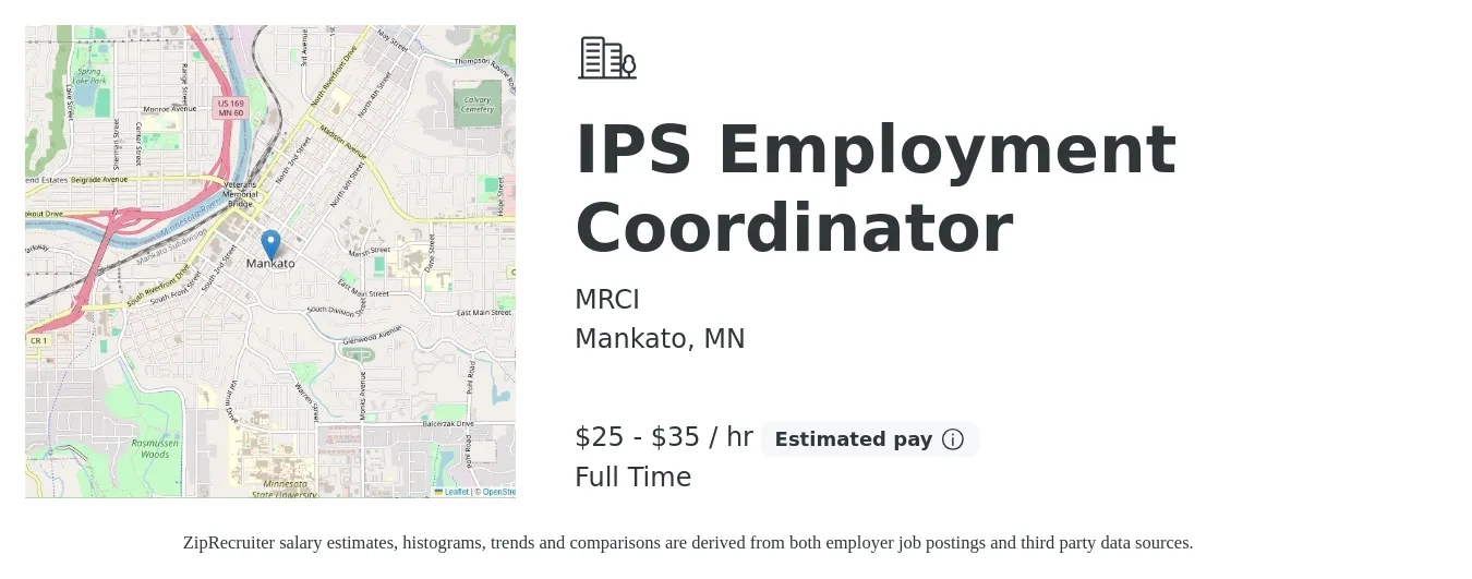 MRCI job posting for a IPS Employment Coordinator in Mankato, MN with a salary of $26 to $37 Hourly with a map of Mankato location.
