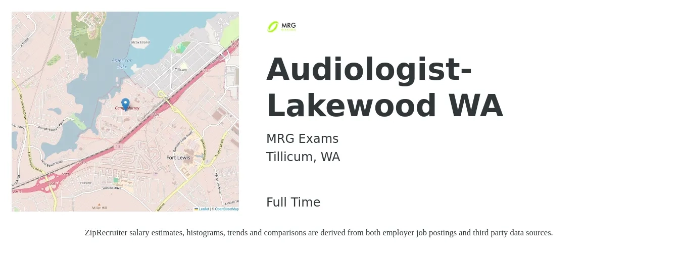MRG Exams job posting for a Audiologist-Lakewood WA in Tillicum, WA with a salary of $450 Daily with a map of Tillicum location.