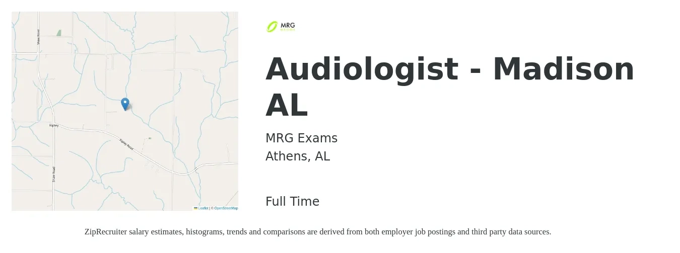 MRG Exams job posting for a Audiologist - Madison AL in Athens, AL with a salary of $59,100 to $82,600 Yearly with a map of Athens location.