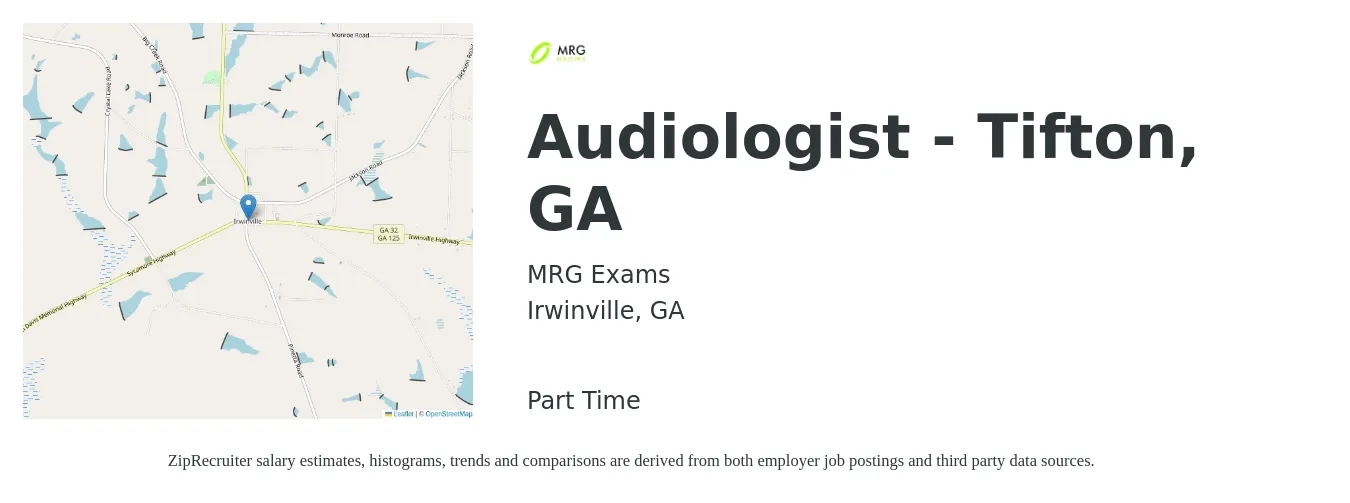 MRG Exams job posting for a Audiologist - Tifton, GA in Irwinville, GA with a salary of $60,000 Yearly with a map of Irwinville location.