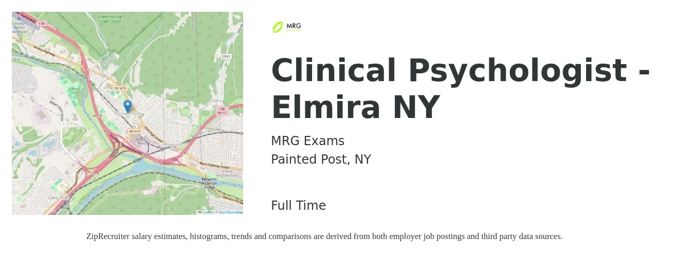 MRG Exams job posting for a Clinical Psychologist - Elmira NY in Painted Post, NY with a salary of $70,000 Hourly with a map of Painted Post location.
