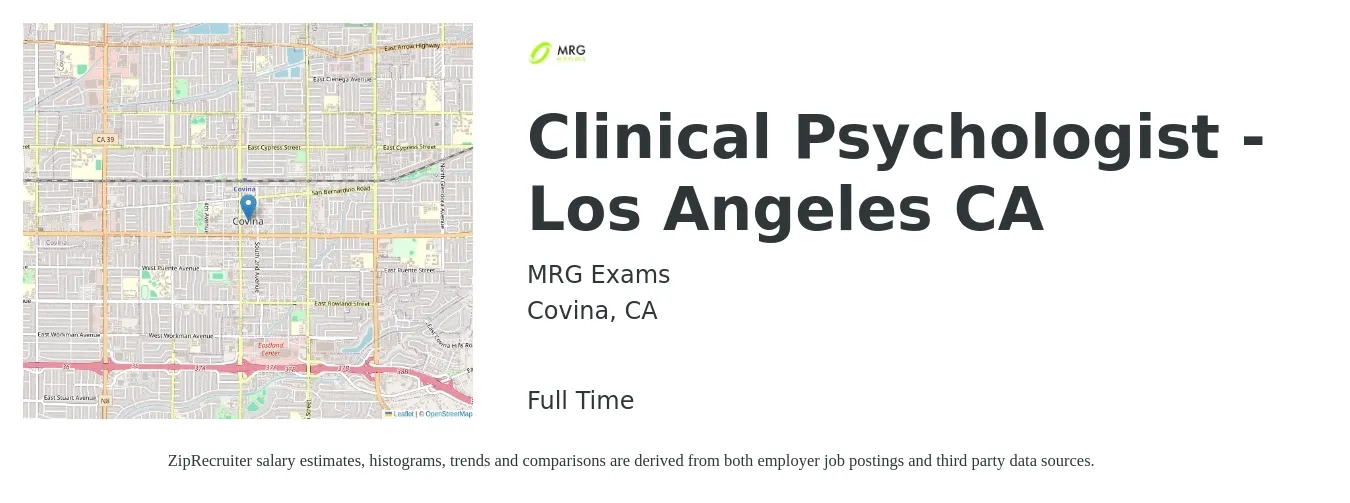 MRG Exams job posting for a Clinical Psychologist - Los Angeles CA in Covina, CA with a salary of $500 to $600 Daily with a map of Covina location.