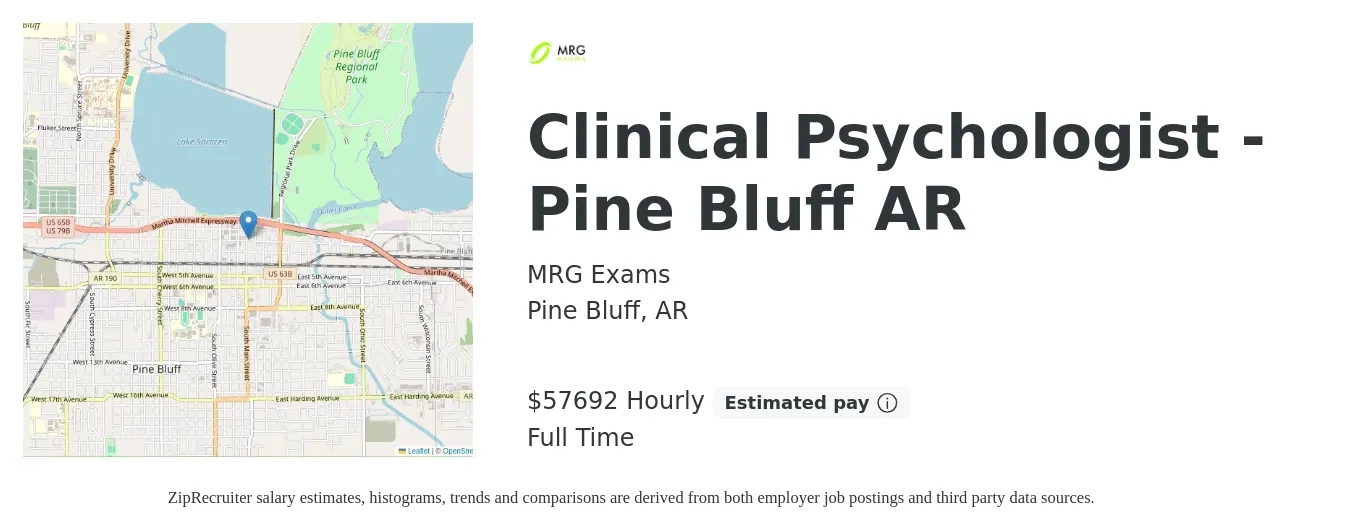 MRG Exams job posting for a Clinical Psychologist - Pine Bluff AR in Pine Bluff, AR with a salary of $79,900 to $110,200 Yearly with a map of Pine Bluff location.