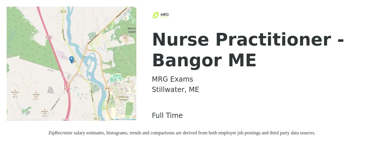 MRG Exams job posting for a Nurse Practitioner - Bangor ME in Stillwater, ME with a salary of $108,800 to $151,200 Yearly with a map of Stillwater location.