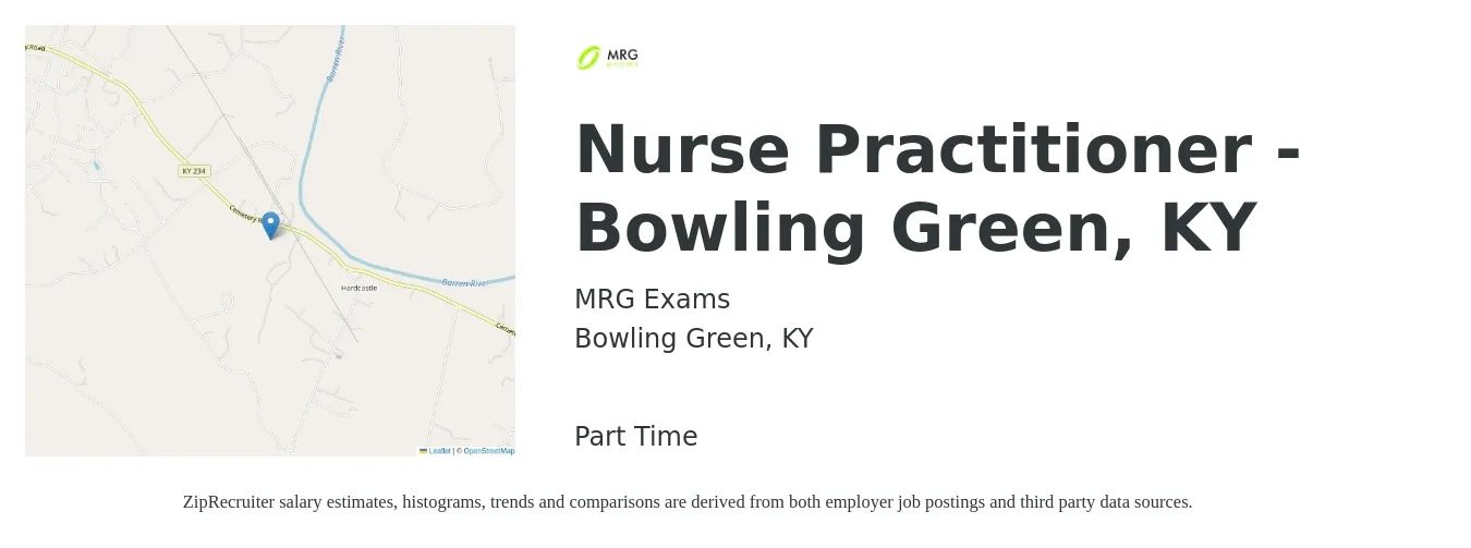 MRG Exams job posting for a Nurse Practitioner - Bowling Green, KY in Bowling Green, KY with a salary of $105,900 to $147,000 Yearly with a map of Bowling Green location.