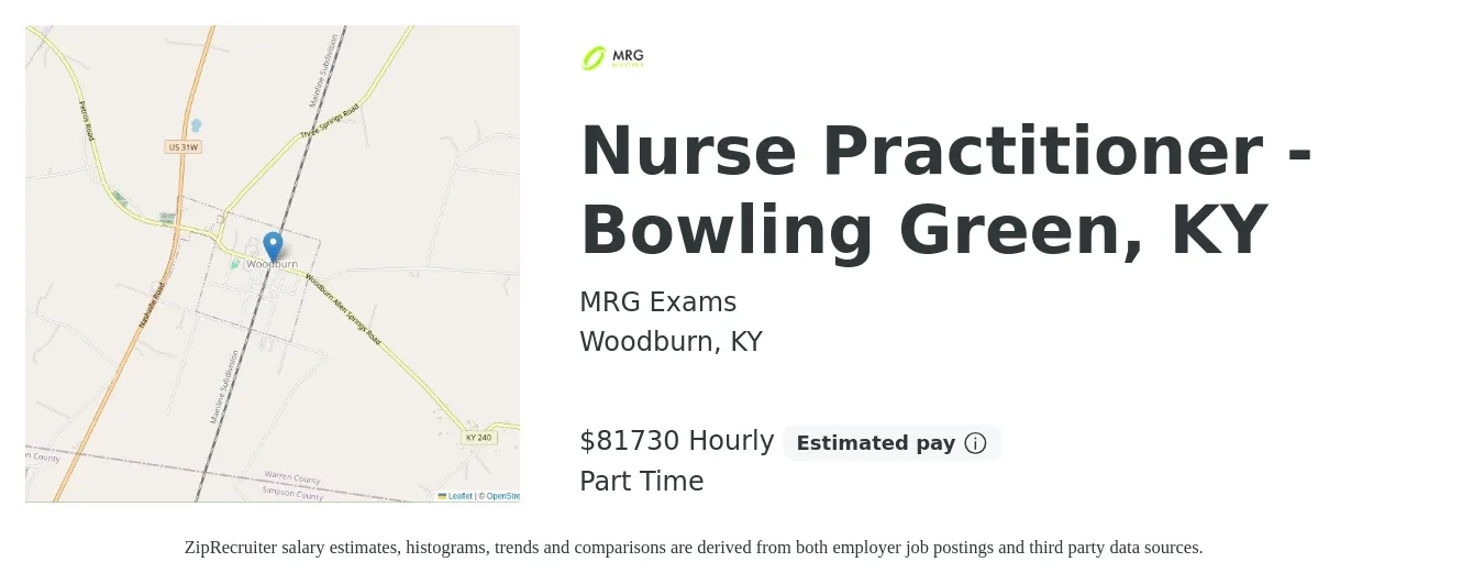 MRG Exams job posting for a Nurse Practitioner - Bowling Green, KY in Woodburn, KY with a salary of $94,100 to $130,700 Yearly with a map of Woodburn location.