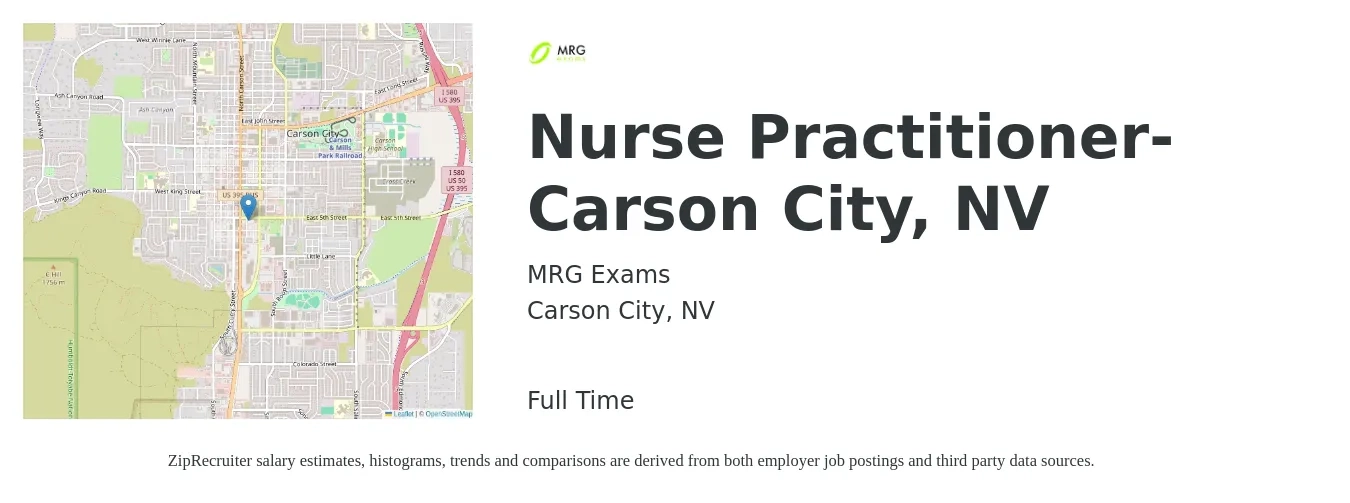 MRG Exams job posting for a Nurse Practitioner-Carson City, NV in Carson City, NV with a salary of $105,800 to $146,900 Yearly with a map of Carson City location.