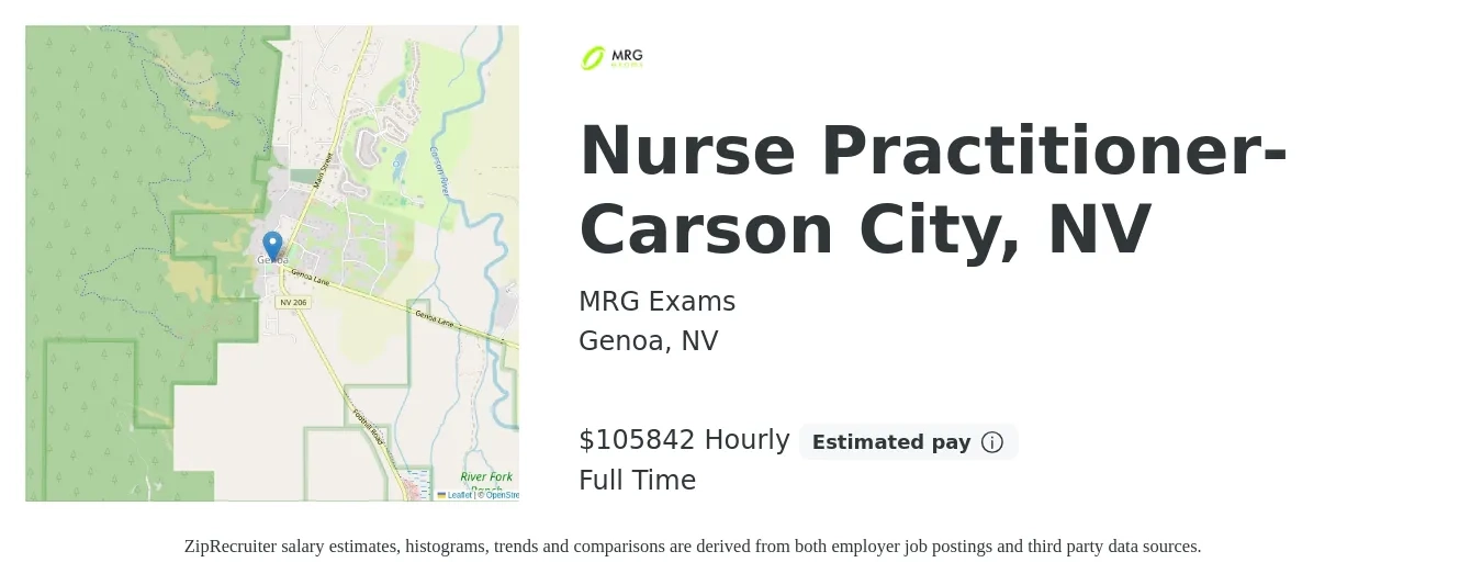 MRG Exams job posting for a Nurse Practitioner-Carson City, NV in Genoa, NV with a salary of $107,200 to $148,900 Yearly with a map of Genoa location.