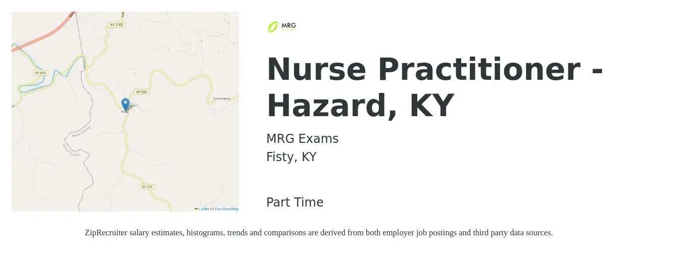 MRG Exams job posting for a Nurse Practitioner - Hazard, KY in Fisty, KY with a salary of $112,400 to $156,100 Yearly with a map of Fisty location.
