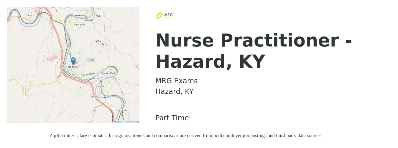 MRG Exams job posting for a Nurse Practitioner - Hazard, KY in Hazard, KY with a salary of $113,200 to $157,300 Yearly with a map of Hazard location.