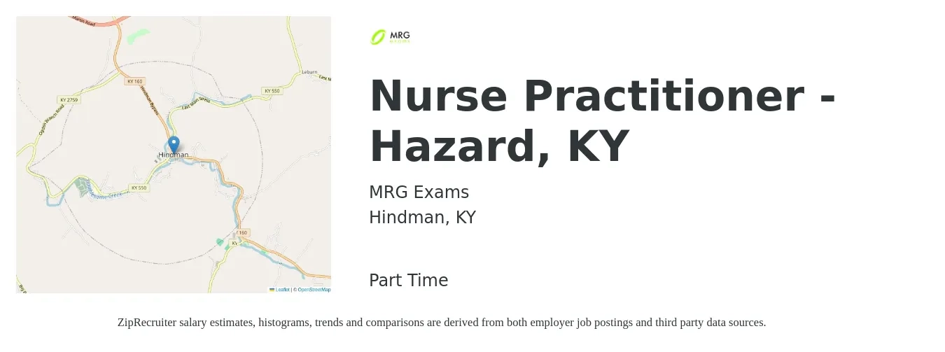 MRG Exams job posting for a Nurse Practitioner - Hazard, KY in Hindman, KY with a salary of $101,200 to $140,600 Yearly with a map of Hindman location.