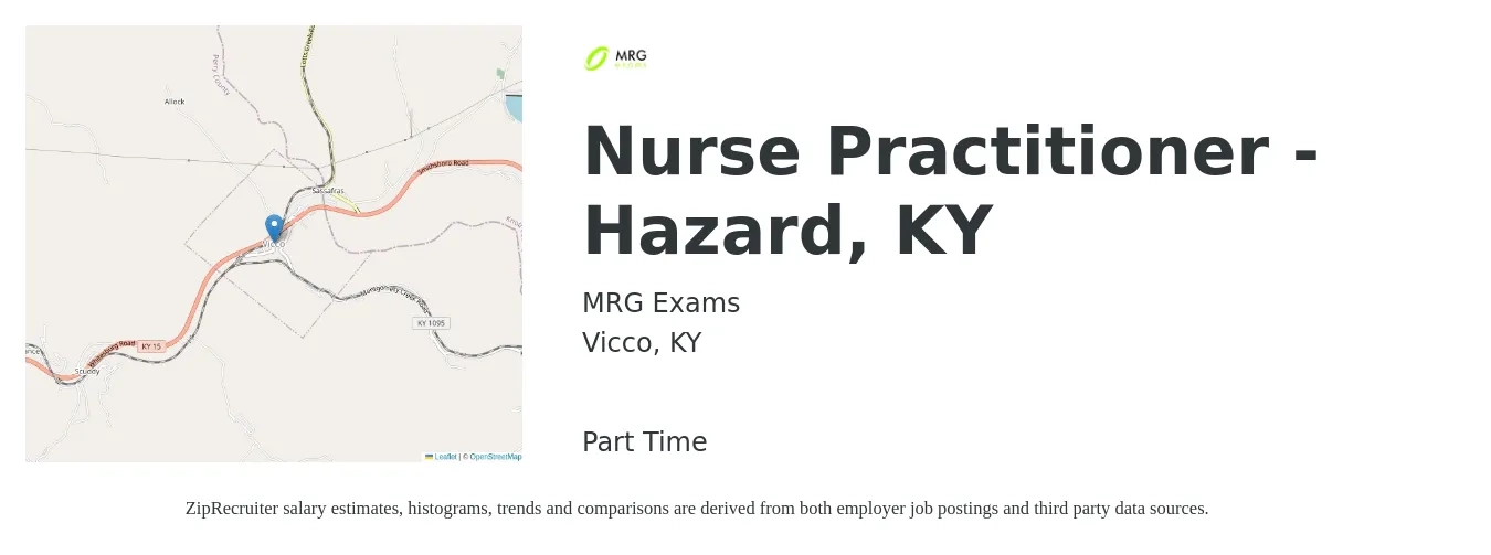 MRG Exams job posting for a Nurse Practitioner - Hazard, KY in Vicco, KY with a salary of $111,800 to $155,300 Yearly with a map of Vicco location.