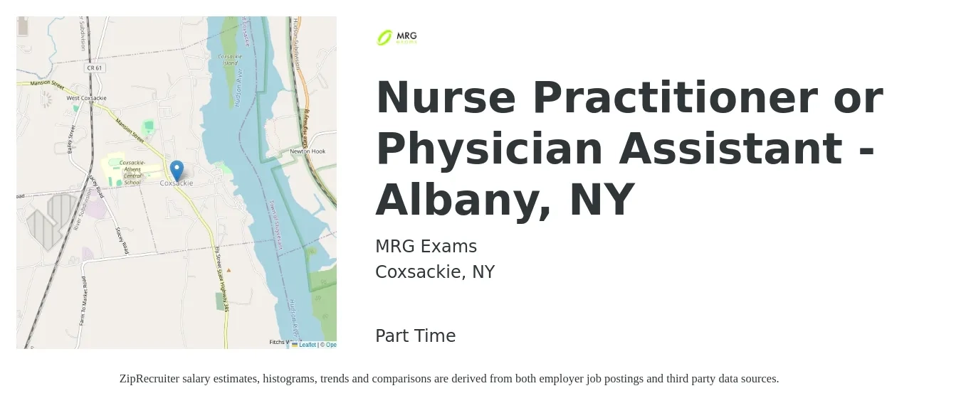 MRG Exams job posting for a Nurse Practitioner or Physician Assistant - Albany, NY in Coxsackie, NY with a salary of $116,800 to $151,200 Yearly with a map of Coxsackie location.