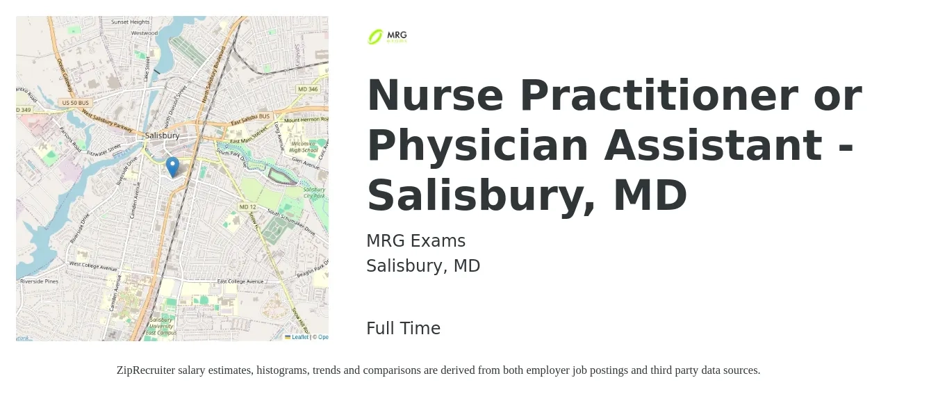 MRG Exams job posting for a Nurse Practitioner or Physician Assistant - Salisbury, MD in Salisbury, MD with a salary of $107,600 to $139,200 Yearly with a map of Salisbury location.