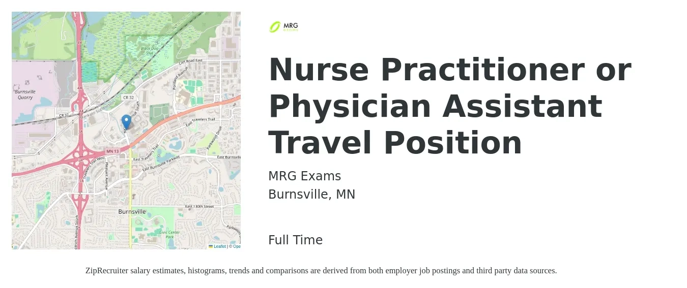 MRG Exams job posting for a Nurse Practitioner or Physician Assistant Travel Position in Burnsville, MN with a salary of $3,000 Weekly with a map of Burnsville location.