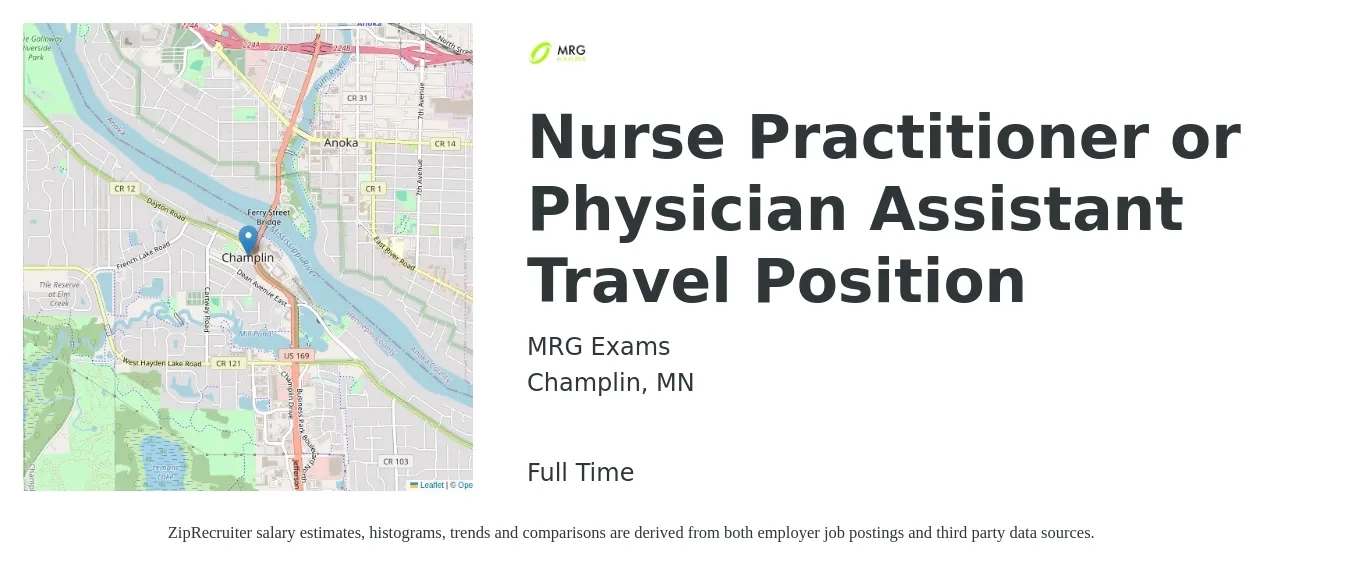 MRG Exams job posting for a Nurse Practitioner or Physician Assistant Travel Position in Champlin, MN with a salary of $3,000 Weekly with a map of Champlin location.