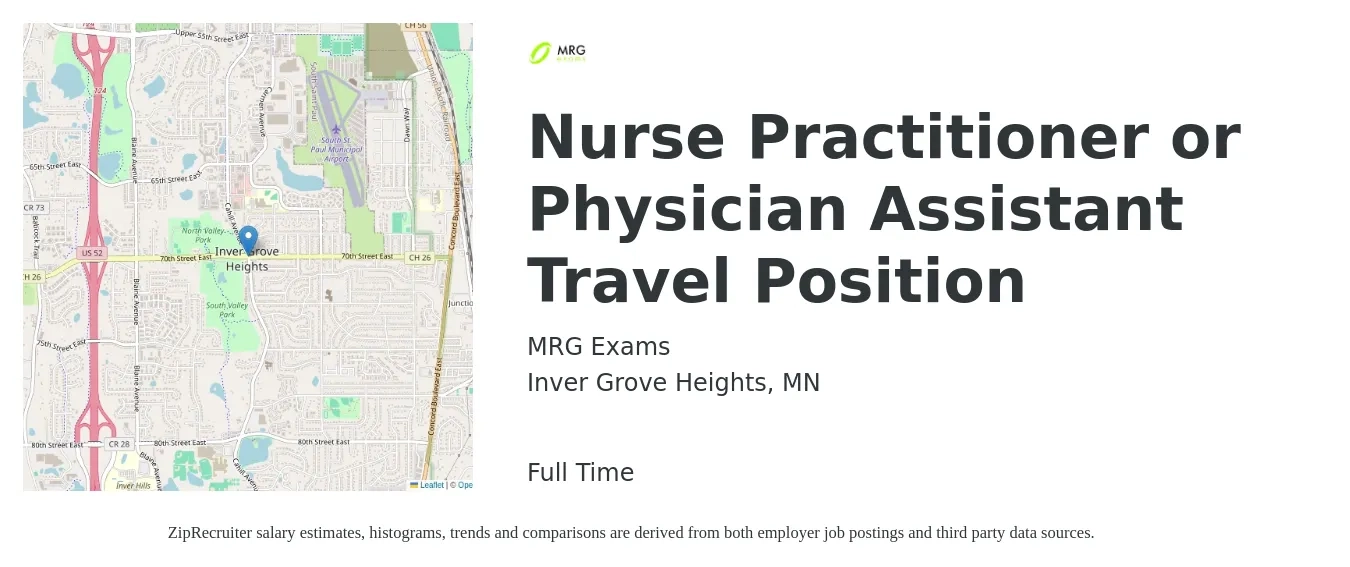 MRG Exams job posting for a Nurse Practitioner or Physician Assistant Travel Position in Inver Grove Heights, MN with a salary of $3,000 Weekly with a map of Inver Grove Heights location.