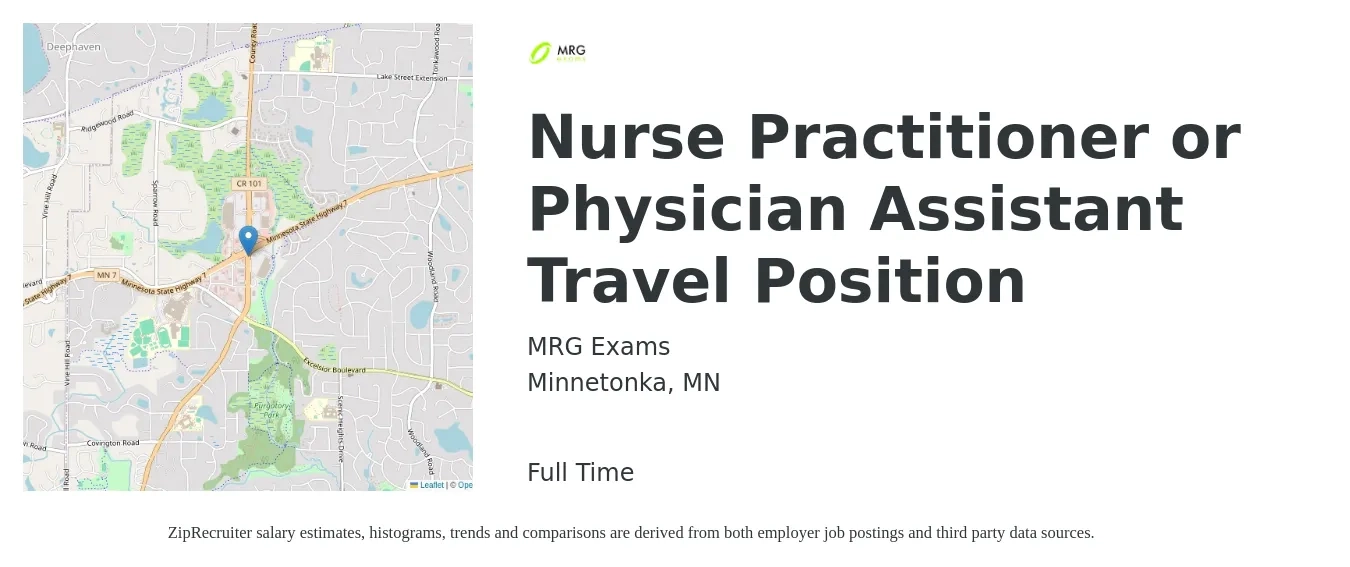 MRG Exams job posting for a Nurse Practitioner or Physician Assistant Travel Position in Minnetonka, MN with a salary of $3,000 Weekly with a map of Minnetonka location.
