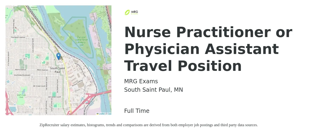 MRG Exams job posting for a Nurse Practitioner or Physician Assistant Travel Position in South Saint Paul, MN with a salary of $3,000 Weekly with a map of South Saint Paul location.