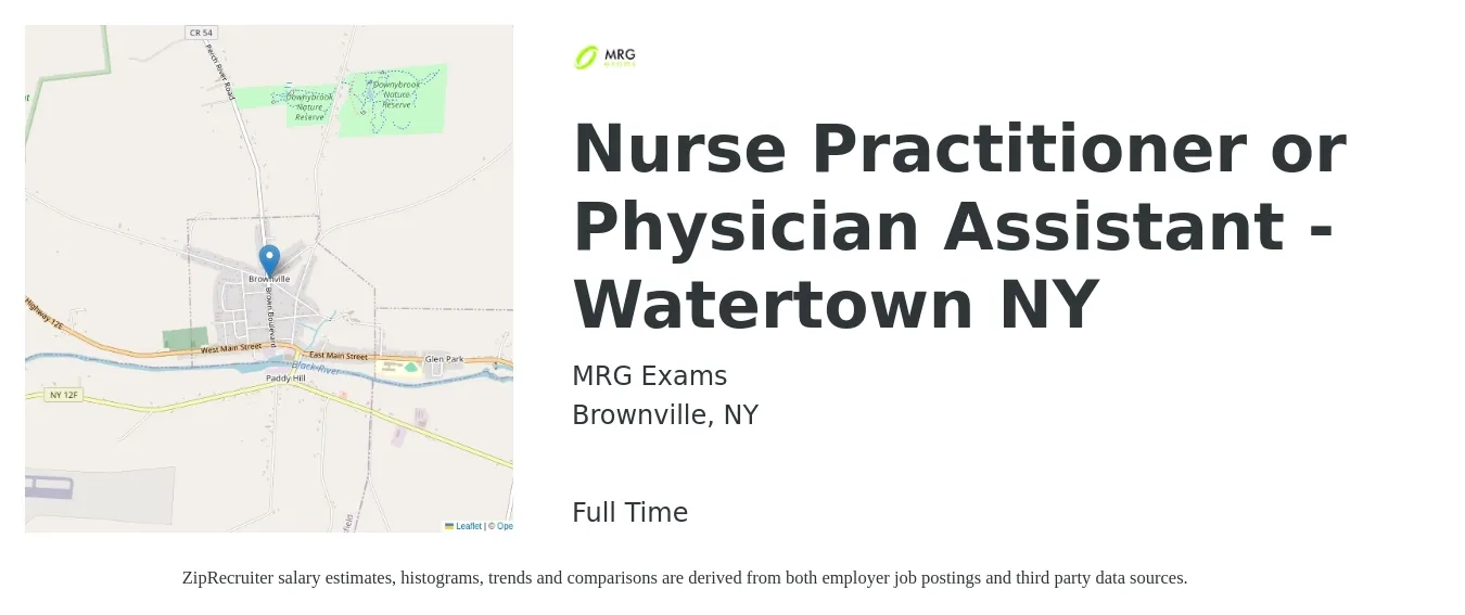 MRG Exams job posting for a Nurse Practitioner or Physician Assistant - Watertown NY in Brownville, NY with a salary of $400 Hourly with a map of Brownville location.