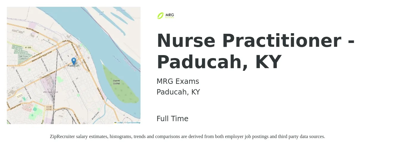 MRG Exams job posting for a Nurse Practitioner - Paducah, KY in Paducah, KY with a salary of $105,900 to $147,100 Yearly with a map of Paducah location.