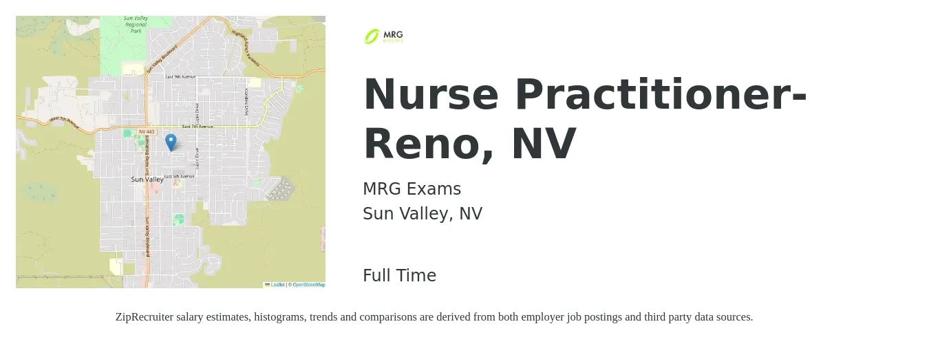 MRG Exams job posting for a Nurse Practitioner- Reno, NV in Sun Valley, NV with a salary of $120,000 to $166,600 Yearly with a map of Sun Valley location.
