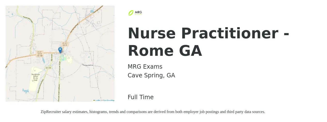 MRG Exams job posting for a Nurse Practitioner - Rome GA in Cave Spring, GA with a salary of $99,200 to $137,800 Yearly with a map of Cave Spring location.