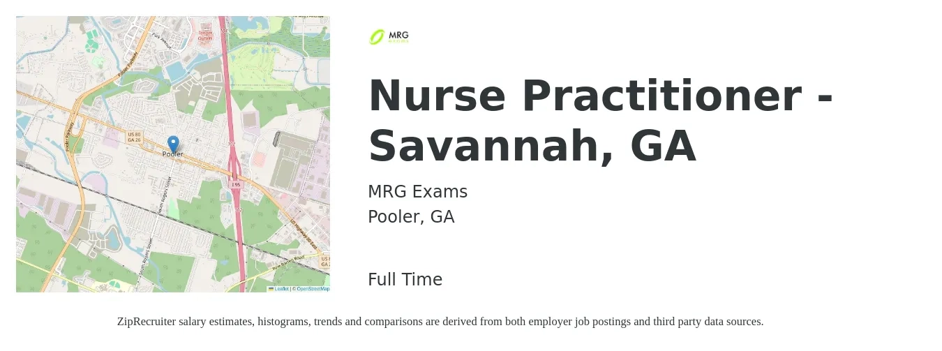 MRG Exams job posting for a Nurse Practitioner - Savannah, GA in Pooler, GA with a salary of $450 Daily with a map of Pooler location.