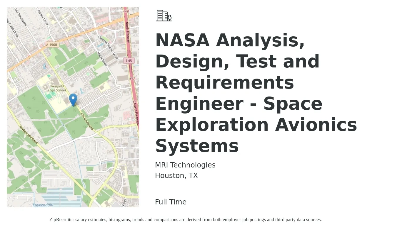MRI Technologies job posting for a NASA Analysis, Design, Test and Requirements Engineer - Space Exploration Avionics Systems in Houston, TX with a salary of $40 to $59 Hourly with a map of Houston location.