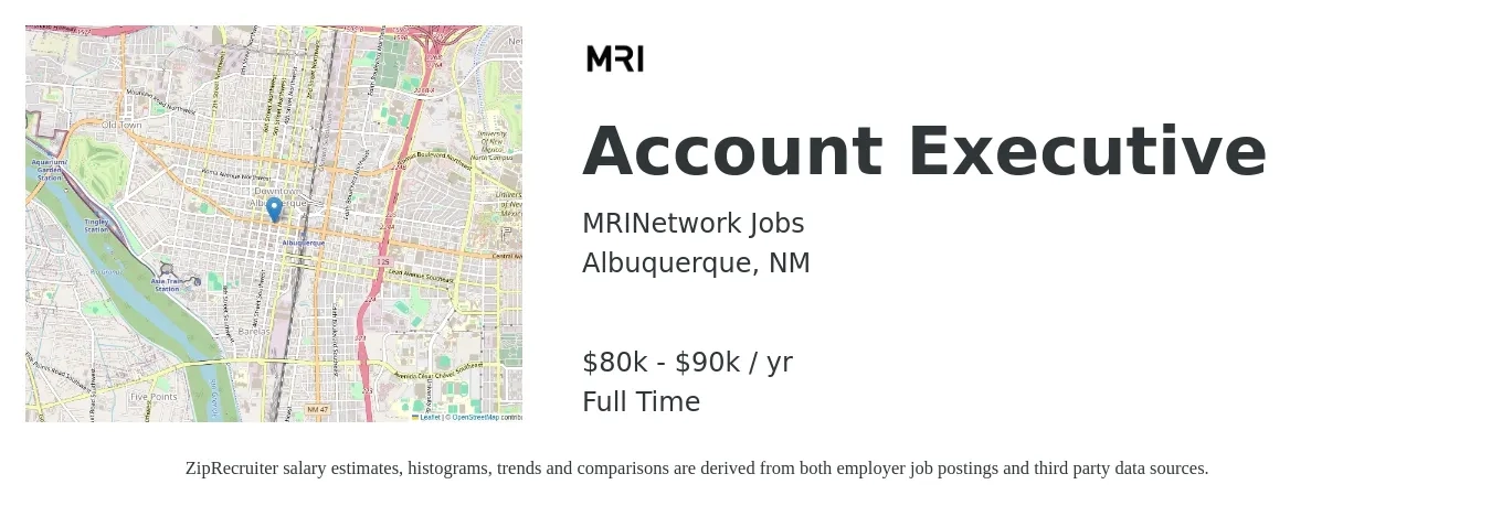 MRINetwork Jobs job posting for a Account Executive in Albuquerque, NM with a salary of $80,000 to $90,000 Yearly with a map of Albuquerque location.