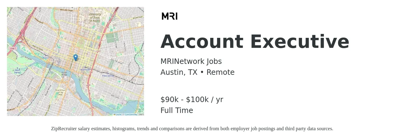 MRINetwork Jobs job posting for a Account Executive in Austin, TX with a salary of $90,000 to $100,000 Yearly with a map of Austin location.