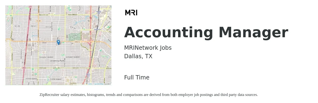 MRINetwork Jobs job posting for a Accounting Manager in Dallas, TX with a salary of $77,200 to $110,800 Yearly with a map of Dallas location.