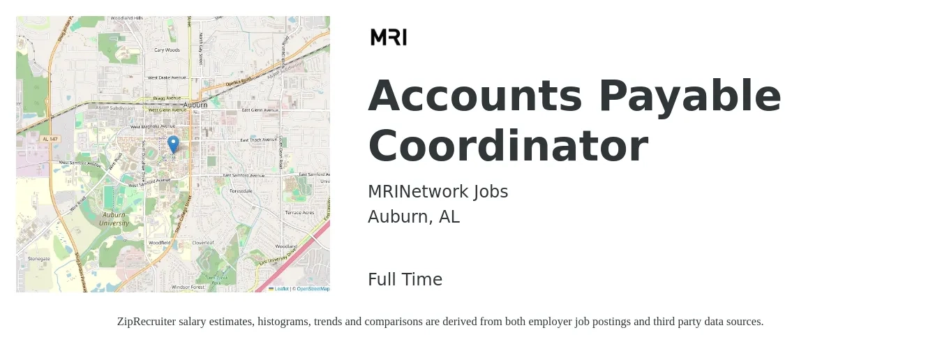 MRINetwork Jobs job posting for a Accounts Payable Coordinator in Auburn, AL with a salary of $18 to $23 Hourly with a map of Auburn location.