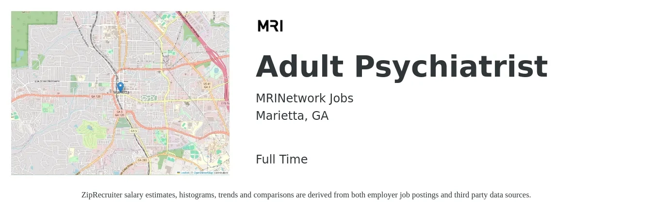 MRINetwork Jobs job posting for a Adult Psychiatrist in Marietta, GA with a salary of $236,200 to $250,900 Yearly with a map of Marietta location.