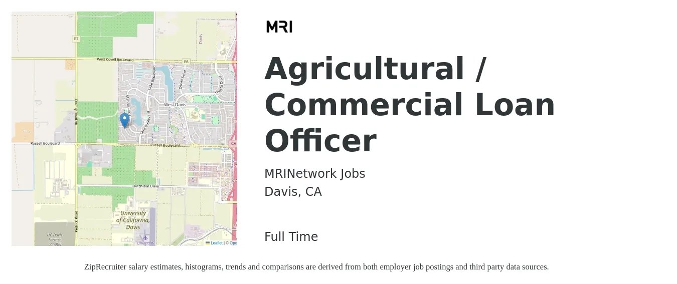 MRINetwork Jobs job posting for a Agricultural / Commercial Loan Officer in Davis, CA with a salary of $71,400 to $89,400 Yearly with a map of Davis location.