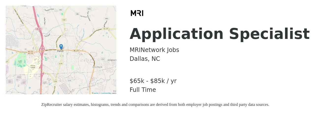 MRINetwork Jobs job posting for a Application Specialist in Dallas, NC with a salary of $65,000 to $85,000 Yearly with a map of Dallas location.