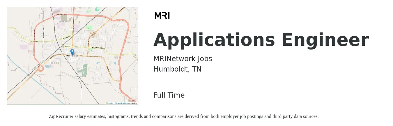 MRINetwork Jobs job posting for a Applications Engineer in Humboldt, TN with a salary of $75,700 to $121,600 Yearly with a map of Humboldt location.