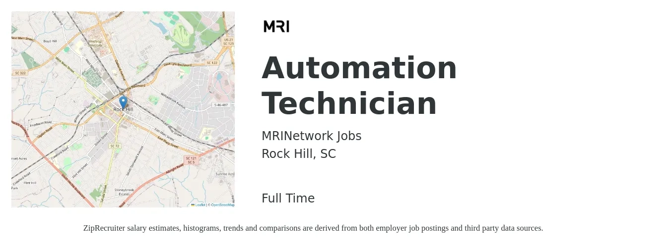 MRINetwork Jobs job posting for a Automation Technician in Rock Hill, SC with a salary of $36,600 Yearly with a map of Rock Hill location.