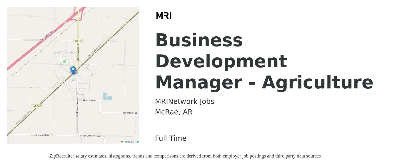 MRINetwork Jobs job posting for a Business Development Manager - Agriculture in McRae, AR with a salary of $52,500 to $86,100 Yearly with a map of McRae location.