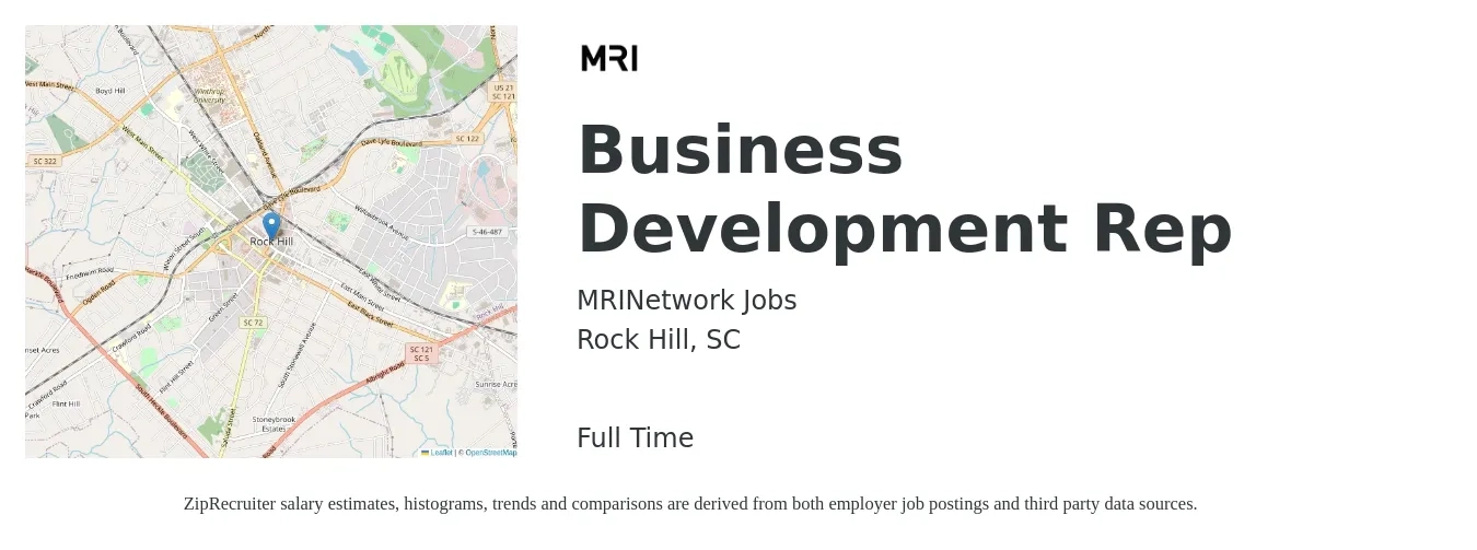 MRINetwork Jobs job posting for a Business Development Rep in Rock Hill, SC with a salary of $37,800 to $58,900 Yearly with a map of Rock Hill location.