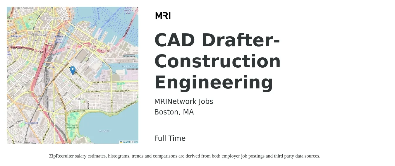 MRINetwork Jobs job posting for a CAD Drafter-Construction Engineering in Boston, MA with a salary of $24 to $33 Hourly with a map of Boston location.