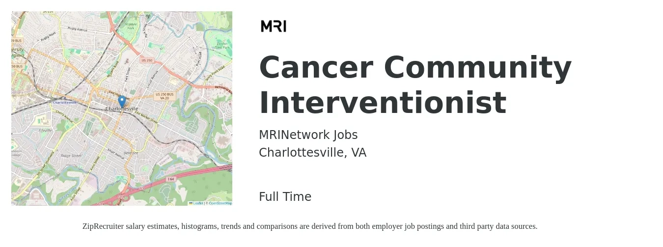 MRINetwork Jobs job posting for a Cancer Community Interventionist in Charlottesville, VA with a salary of $20 to $26 Hourly with a map of Charlottesville location.