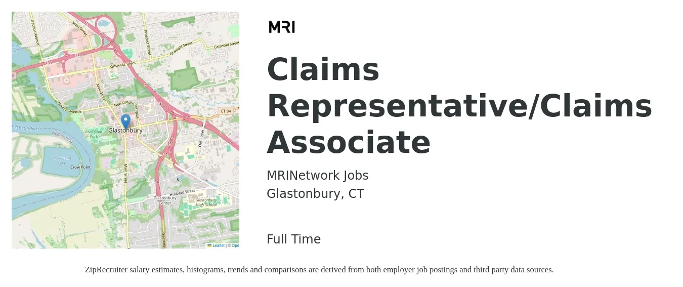MRINetwork Jobs job posting for a Claims Representative/Claims Associate in Glastonbury, CT with a salary of $19 to $28 Hourly with a map of Glastonbury location.
